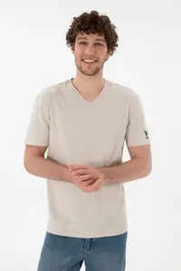 US Polo Assn. Men Regular Fit  V-neck Stone Basic T-Shirt - Image 4