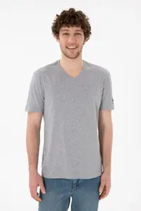 US Polo Assn. Men Regular Fit  V-neck Gray Melanj Basic T-Shirt - Image 2