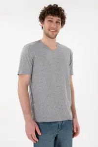 US Polo Assn. Men Regular Fit  V-neck Gray Melanj Basic T-Shirt - Image 4