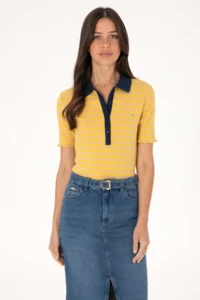 US Polo Assn. Women Dark Yellow Striped Polo Shirt Collar T-Shirt