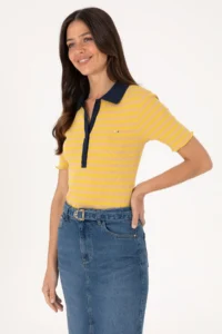 US Polo Assn. Women Dark Yellow Striped Polo Shirt Collar T-Shirt - Image 3