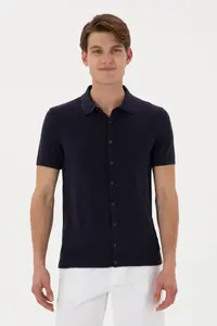 US Polo Assn. Men Regular Fit Navy Blue buttoned Knitwear T-Shirt