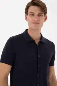 US Polo Assn. Men Regular Fit Navy Blue buttoned Knitwear T-Shirt - Image 2