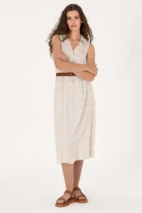 US Polo Assn. Women Sand Polo Shirt Collar Midi Size Weaving Dress - Image 3