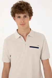 US Polo Assn. Men Regular Fit Zippered Stone T-Shirt - Image 2