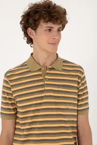 US Polo Assn. Men Regular Fit Khaki Polo Shirt Collar Striped T-Shirt - Image 2