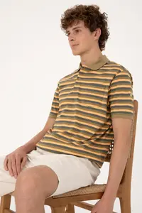 US Polo Assn. Men Regular Fit Khaki Polo Shirt Collar Striped T-Shirt - Image 3