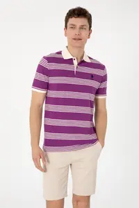 US Polo Assn. Men Regular Fit Polo Shirt Collar Violet Striped T-Shirt