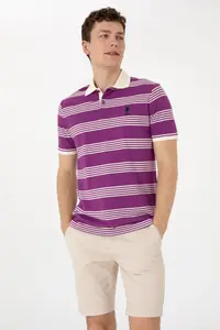US Polo Assn. Men Regular Fit Polo Shirt Collar Violet Striped T-Shirt - Image 3