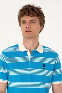 US Polo Assn. Men Regular Fit Polo Shirt Collar Turquoise Striped T-Shirt - Image 2