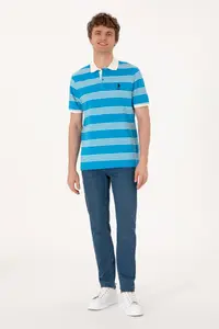 US Polo Assn. Men Regular Fit Polo Shirt Collar Turquoise Striped T-Shirt - Image 4