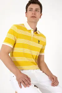 US Polo Assn. Men Regular Fit Polo Shirt Collar Yellow Striped T-Shirt - Image 3