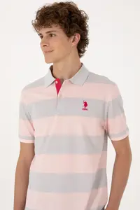US Polo Assn. Men Regular Fit Powder Pink Polo Shirt Collar Striped T-Shirt - Image 2