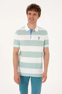 US Polo Assn. Men Regular Fit Water Green Polo Shirt Collar Striped T-Shirt