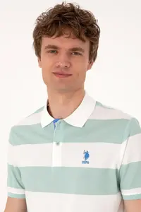 US Polo Assn. Men Regular Fit Water Green Polo Shirt Collar Striped T-Shirt - Image 2