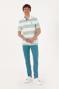 US Polo Assn. Men Regular Fit Water Green Polo Shirt Collar Striped T-Shirt - Image 4