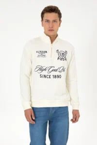 US Polo Assn. Men comfort Fit Half Zippered Cream Sweatshirt