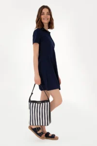 US Polo Assn. Women Navy Blue Striped Kanvas Tote Bag