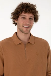 US Polo Assn. Men comfort Fit Half Zippered Camel Sweatshirt - Image 2