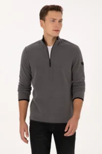 US Polo Assn. Men Regular Fit Gray Fleece Half Zippered Basic Sweatshirt - Image 3