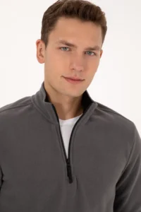 US Polo Assn. Men Regular Fit Gray Fleece Half Zippered Basic Sweatshirt - Image 4