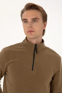US Polo Assn. Men Regular Fit Khaki Fleece Half Zippered Basic Sweatshirt - Image 2
