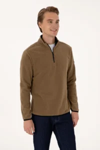 US Polo Assn. Men Regular Fit Khaki Fleece Half Zippered Basic Sweatshirt - Image 3