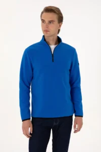 US Polo Assn. Men Regular Fit Saks Blue Fleece Half Zippered Basic Sweatshirt