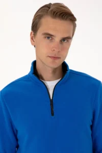 US Polo Assn. Men Regular Fit Saks Blue Fleece Half Zippered Basic Sweatshirt - Image 2