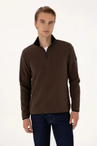 US Polo Assn. Men Regular Fit Dark Brown Fleece Half Zippered Basic Sweatshirt