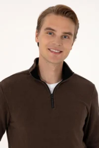 US Polo Assn. Men Regular Fit Dark Brown Fleece Half Zippered Basic Sweatshirt - Image 2