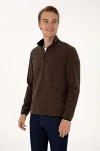 US Polo Assn. Men Regular Fit Dark Brown Fleece Half Zippered Basic Sweatshirt - Image 3