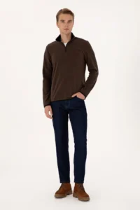 US Polo Assn. Men Regular Fit Dark Brown Fleece Half Zippered Basic Sweatshirt - Image 4