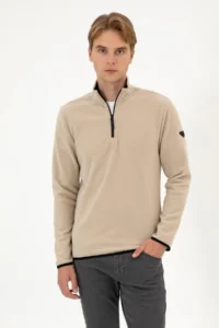 US Polo Assn. Men Regular Fit Dark Beige Fleece Half Zippered Basic Sweatshirt