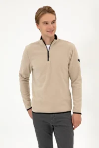 US Polo Assn. Men Regular Fit Dark Beige Fleece Half Zippered Basic Sweatshirt - Image 3