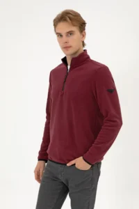 US Polo Assn. Men Regular Fit Dark Burgundy Fleece Half Zippered Basic Sweatshirt - Image 3