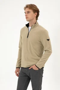 US Polo Assn. Men Regular Fit Light Khaki Fleece Half Zippered Basic Sweatshirt - Image 3