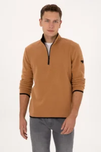 US Polo Assn. Men Regular Fit Camel Fleece Half Zippered Basic Sweatshirt - Image 4