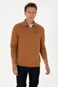 US Polo Assn. Men Regular Fit Half Zippered Fleece Polo Shirt Collar Camel Basic Sweatshirt