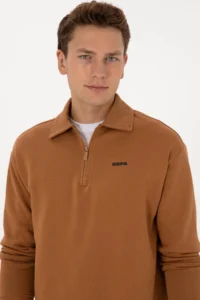 US Polo Assn. Men Regular Fit Half Zippered Fleece Polo Shirt Collar Camel Basic Sweatshirt - Image 2