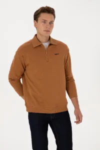 US Polo Assn. Men Regular Fit Half Zippered Fleece Polo Shirt Collar Camel Basic Sweatshirt - Image 3