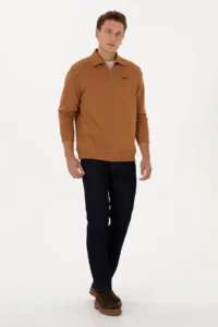 US Polo Assn. Men Regular Fit Half Zippered Fleece Polo Shirt Collar Camel Basic Sweatshirt - Image 4
