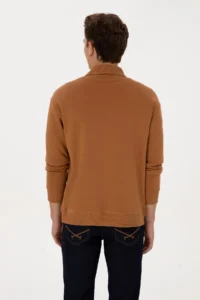 US Polo Assn. Men Regular Fit Half Zippered Fleece Polo Shirt Collar Camel Basic Sweatshirt - Image 5