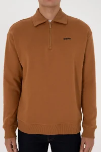 US Polo Assn. Men Regular Fit Half Zippered Fleece Polo Shirt Collar Camel Basic Sweatshirt - Image 6
