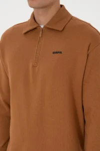 US Polo Assn. Men Regular Fit Half Zippered Fleece Polo Shirt Collar Camel Basic Sweatshirt - Image 7