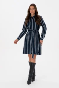 US Polo Assn. Women Navy Blue Striped Arched Weaving Dress - Image 3