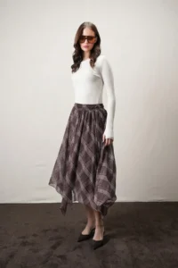 VAGGON Brown Asymmetric Ekoseli Skirt - Image 4