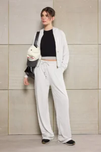 TRENDYOLMİLLA Teen Gray Melanj Zippered Long Sleeve Straight/Pipe Both Knitting Top and Bottom Set