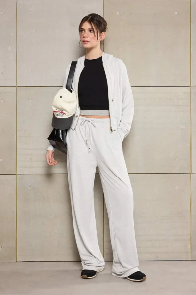 TRENDYOLMİLLA Teen Gray Melanj Zippered Long Sleeve Straight/Pipe Both Knitting Top and Bottom Set