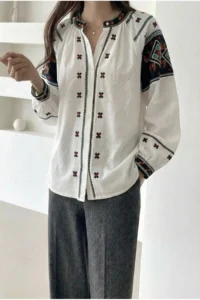 FEMELLE Women's White Ethnic Patterned Embroidery Buttoned Shirt - Image 2